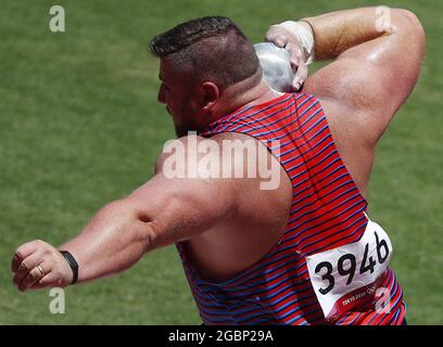 Tokyo, Japan. 05th Aug, 2021. Silver medal winner Joe Kovacs of the USA throws in the Men's Shot Put Finals at the Athletics competition during the Tokyo Summer Olympics in Tokyo, Japan, on Thursday, August 5, 2021. Photo by Bob Strong/UPI. Credit: UPI/Alamy Live News Stock Photo