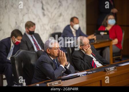 United States Senator Bob Menendez (Democrat of New Jersey), Chairman, US Senate Committee on Foreign Relations, left, and United States Senator Jim Risch (Republican of Idaho), Ranking Member, US Senate Committee on Foreign Relations, right, attend a Senate Committee on Foreign Relations business meeting for nominations and legislative considerations in the Hart Senate Office Building in Washington, DC, USA, Wednesday, August 4, 2021. Photo by Rod Lamkey/CNP/ABACAPRESS.COM Stock Photo