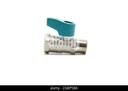 Mini ball valve with blue handle Isolated on white background. Stock Photo