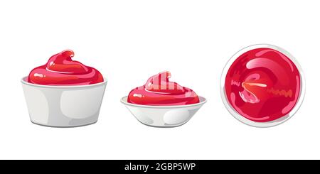 Tomato ketchup in bowl. Red sause with swirl in ramekin. Spice dressing, condiment in flat cartoon style. Vector illustration. Stock Vector