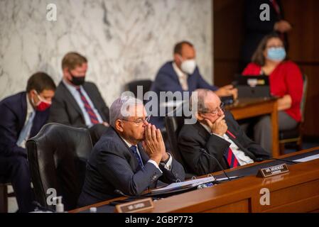 Washington, United States Of America. 04th Aug, 2021. United States Senator Bob Menendez (Democrat of New Jersey), Chairman, US Senate Committee on Foreign Relations, left, and United States Senator Jim Risch (Republican of Idaho), Ranking Member, US Senate Committee on Foreign Relations, right, attend a Senate Committee on Foreign Relations business meeting for nominations and legislative considerations in the Hart Senate Office Building in Washington, DC, Wednesday, August 4, 2021. Credit: Rod Lamkey/CNP/Sipa USA Credit: Sipa USA/Alamy Live News Stock Photo