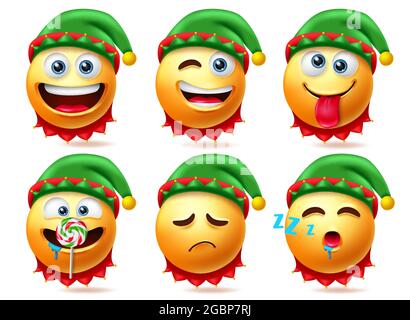 Elf smileys christmas character vector set. Elfs smiley characters in sleeping, eating and naughty facial expressions for xmas cute 3d emojis. Stock Vector