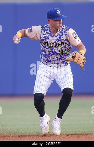 Biloxi, Mississippi, USA. 04th Aug, 2021. Pensacola Blue Wahoos outfielder  Peyton Burdick (8) comes home after hitting a home run during an MiLB game  between Biloxi Shuckers and the Pensacola Blue Wahoos