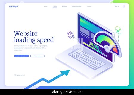 Website loading speed isometric landing page. Stock Vector