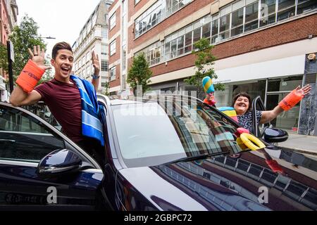 EDITORIAL USE ONLY (Left to right) Russell Kane and his Auntie Christine set off on a summer road trip to celebrate the launch of their new podcast in partnership with Dash Cam brand, Nextbase. London. Issue date: Thursday August 5, 2021. Stock Photo