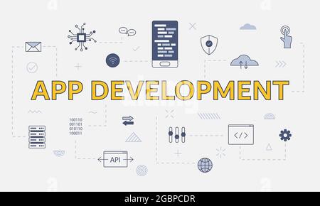 mobile app development concept with icon set with big word or text on center vector illustration Stock Photo