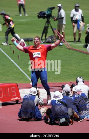 5th August 2021; Olympic Stadium, Tokyo, Japan: Tokyo 2020 Olympic summer games day 13; Mens shot putt final. CROUSER Ryan of the USA throws a new Olympic record of 23.30 to win the event and gold medal Stock Photo