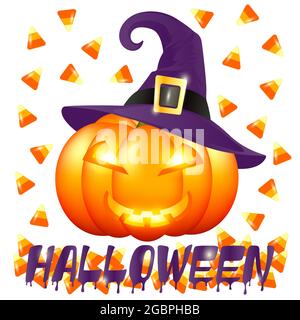 Halloween pumpkin in a witchs hat and scattered candy corn on a white background. Halloween poster with holiday attributes. Vector illustration Stock Vector