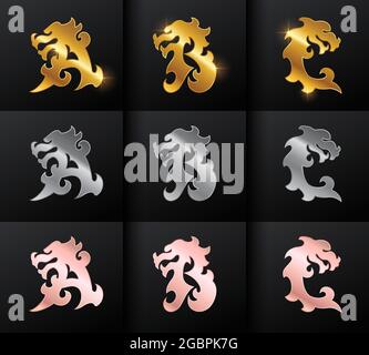 A Vector Illustration of Golden Dragon Monogram Initial Letter ABC in black background with Gold, Silver and Rose Gold color combo Stock Vector