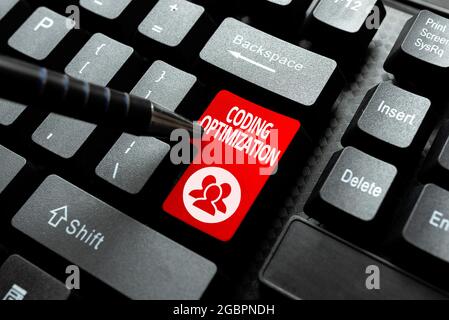 Conceptual caption Coding Optimization. Word for method of code modification to improve code quality Inputting Important Informations Online, Typing Stock Photo