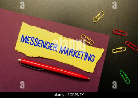 Text caption presenting Messenger Marketing. Conceptual photo act of marketing to your customers using a messaging app Thinking New Bright Ideas Stock Photo