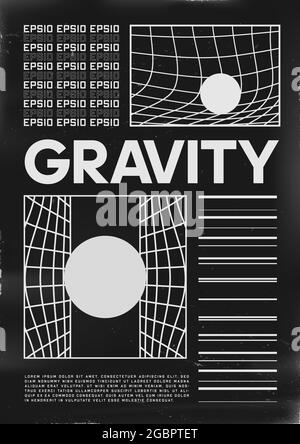 Retrofuturistic poster design. Cyberpunk 80s style poster with GRAVITY title and illustrations of distorted space. Shabby scratched flyer template for Stock Vector