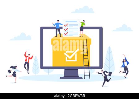 Online voting concept flat style design vector illustration. Tiny people with voting poll online survey working together. Stock Vector