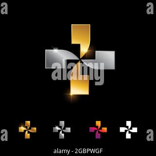 A vector Illustration set of Golden and Silver Cross Chat Sign in black background with Gold and Chrome shine effect Stock Vector