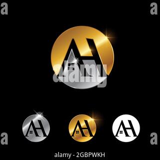 A vector Illustration set of Golden Monogram Letter AH Real Estate in black background with gold shine effect Stock Vector
