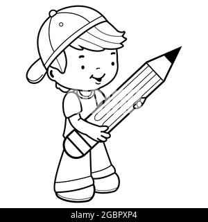 Little boy student holding a big pencil. Black and white coloring book page Stock Photo