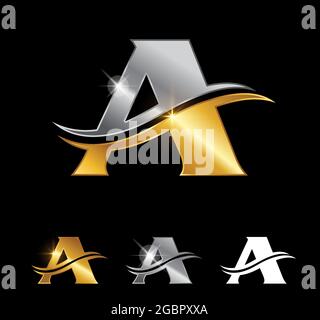 A Vector Illustration of Gold and Silver Monogram Letter A in black background with golden and chrome shine effect Stock Vector