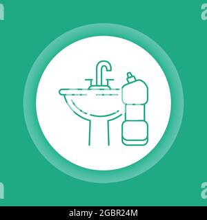 Washbasin and detergent color button icon. Bathroom cleaning. Outline pictogram for web page, mobile app, promo. Stock Vector