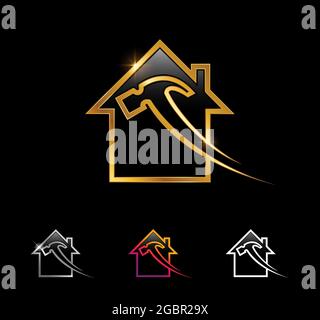 A vector Illustration set of Golden Home and Hammer Outline Vector Sign Stock Vector