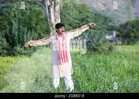 Image of Indian Farmer Holding Wood Stick In Hand Standing In Agriculture  Field Wearing Traditional Kurta Dress, Man With Mustache And Black Hair.  Rural India Concept.-SV102594-Picxy