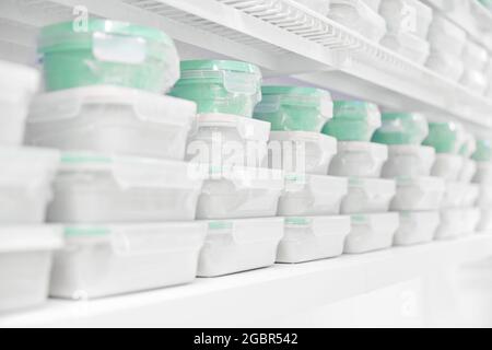 Reusable food containers. Containers for storing food. Responsible use of resources. Transparent plastic food storage containers. Stock Photo