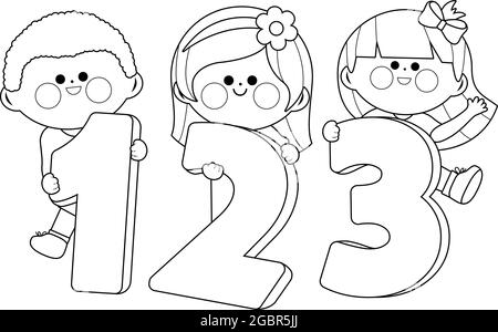 Children holding numbers. Vector black and white coloring page Stock ...