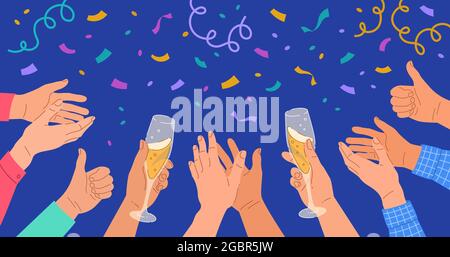 Clapping human hands with champagne glasses on dark confetti background. Business team celebrates New Year, birthday, anniversary or business success. Stock Vector