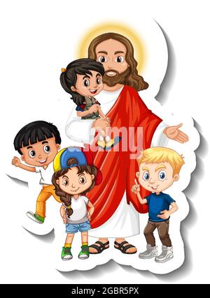 Jesus Christ with children group sticker on white background ...