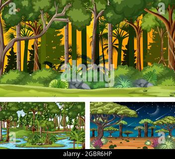 Set of different forest horizontal scenes illustration Stock Vector