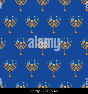 Menorah seamless vector background. Hanukkah repeating pattern blue gold yellow Jewish holiday. Hanukkah illustration for gift wrap, wrapping Stock Vector