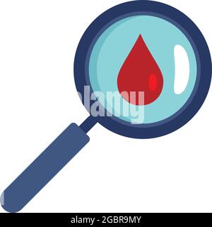 Blood drop under magnifier icon. Flat illustration of blood drop under magnifier vector icon isolated on white background Stock Vector