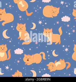 Cat pattern with moon, stars and clouds. Cute ginger cat character in cartoon style, vector illustration Stock Vector
