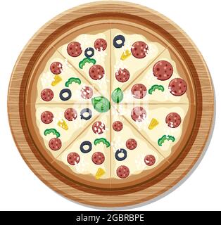 Top view of a whole delicious pizza on wooden plate isolated on white background illustration Stock Vector