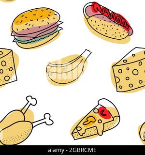 Food seamless pattern: hotdog, burger, chicken, pizza bananas Isolated vector illustration Stock Vector