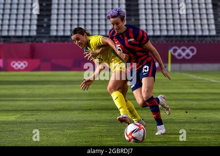 KASHIMA, JAPAN - AUGUST 5: Hayley Raso of Australia and Megan Rapinoe of the United States during the Tokyo 2020 Olympic Womens Football Tournament Bronze Medal match between Australia and United States at Ibaraki Kashima Stadium on August 5, 2021 in Kashima, Japan (Photo by Pablo Morano/Orange Pictures) Credit: Orange Pics BV/Alamy Live News Stock Photo