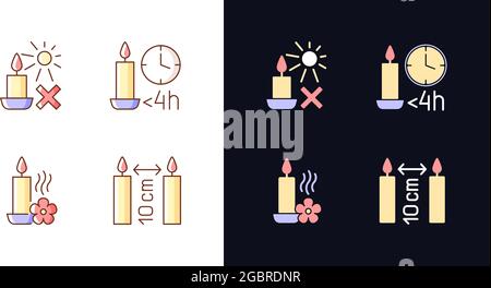 Candle warning label light and dark theme RGB color manual label icons set Stock Vector