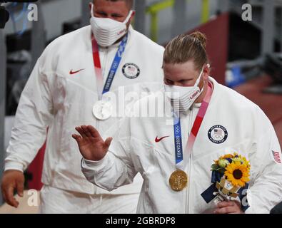 Ryan Crouser of the USA and Joe Kovacs of the USA hold their gold and silver medals after competing in the Men's Shot Put final at the Tokyo 2020 Summer Olympic Games in Tokyo, Japan on Thursday, August 5, 2021.      Photo by Bob Strong/UPI Stock Photo