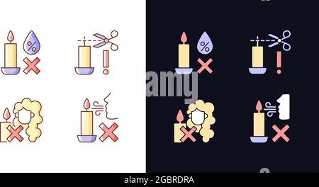 Candle safety warning light and dark theme RGB color manual label icons set Stock Vector