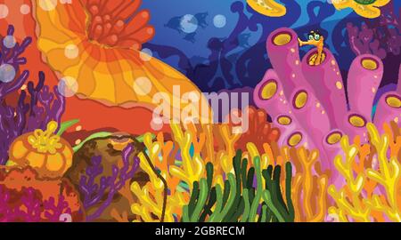 Underwater cartoon landscape with various sea animals and plants vector ...
