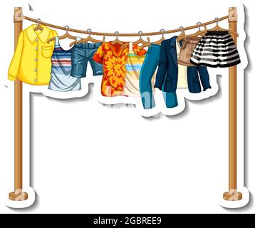 A sticker template of Clothes racks with many clothes on hangers on white background illustration Stock Vector