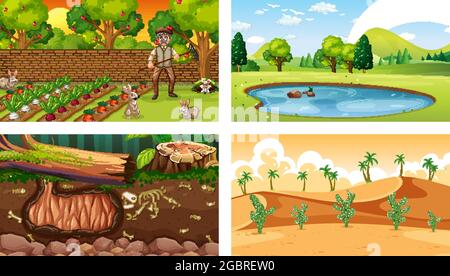 Four different nature horizontal scene illustration Stock Vector