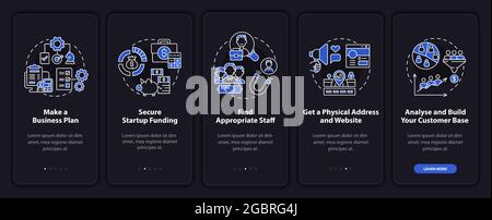 Startup launch steps dark onboarding mobile app page screen Stock Vector