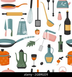 Kitchen utensils for cooking seamless pattern vector illustration. Cartoon cute household kitchenware chef equipment to cook food, frying pan, bottle, rolling pin and saucepan on white background Stock Vector