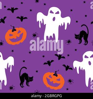 Seamless vector pattern with black cats and pumpkin on purple background. Halloween wallpaper design with spiders and stars. Stock Vector