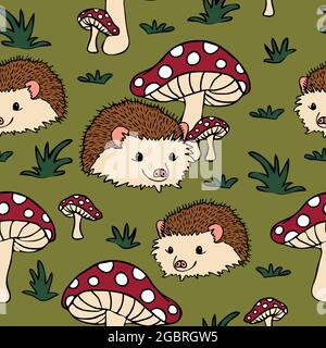 Seamless vector pattern with hedgehogs and mushrooms on green background. Stock Vector