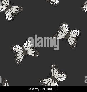 Seamless vector pattern with butterflies on black background. Simple vintage wallpaper design. Decorative summer fashion textile. Stock Vector