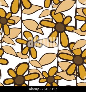 Seamless vector pattern with hand drawn flowers on white background. Floral rusty meadow wallpaper design with brown colours. Stock Vector