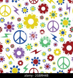 Seamless vector pattern with flowers and peace symbol on white background. Retro repeat childish wallpaper design. Stock Vector