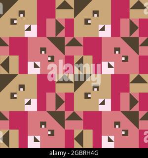 Seamless vector pattern with geometrical bunnies on pink background. Simple square animal wallpaper design. Repeat rabbit fashion textile. Stock Vector