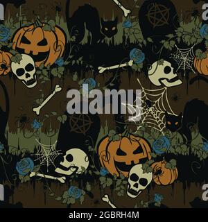Seamless vector pattern with blue roses and pumpkins on brown background. Halloween wallpaper design with Gothic graveyard. Scary fashion textile. Stock Vector